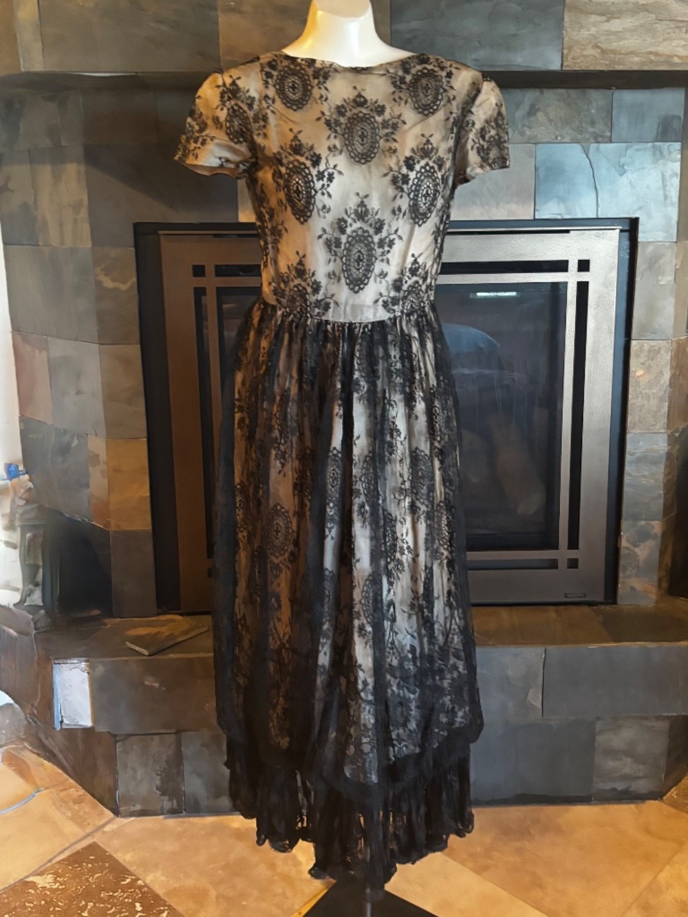 50s Bill Blass Black Cameo Tulle Lace Cocktail Dress S-M no label
